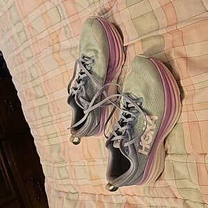 Hoka, Bondi 8, size 8 1/2 D.  Light blue and purple,  minimal stains.